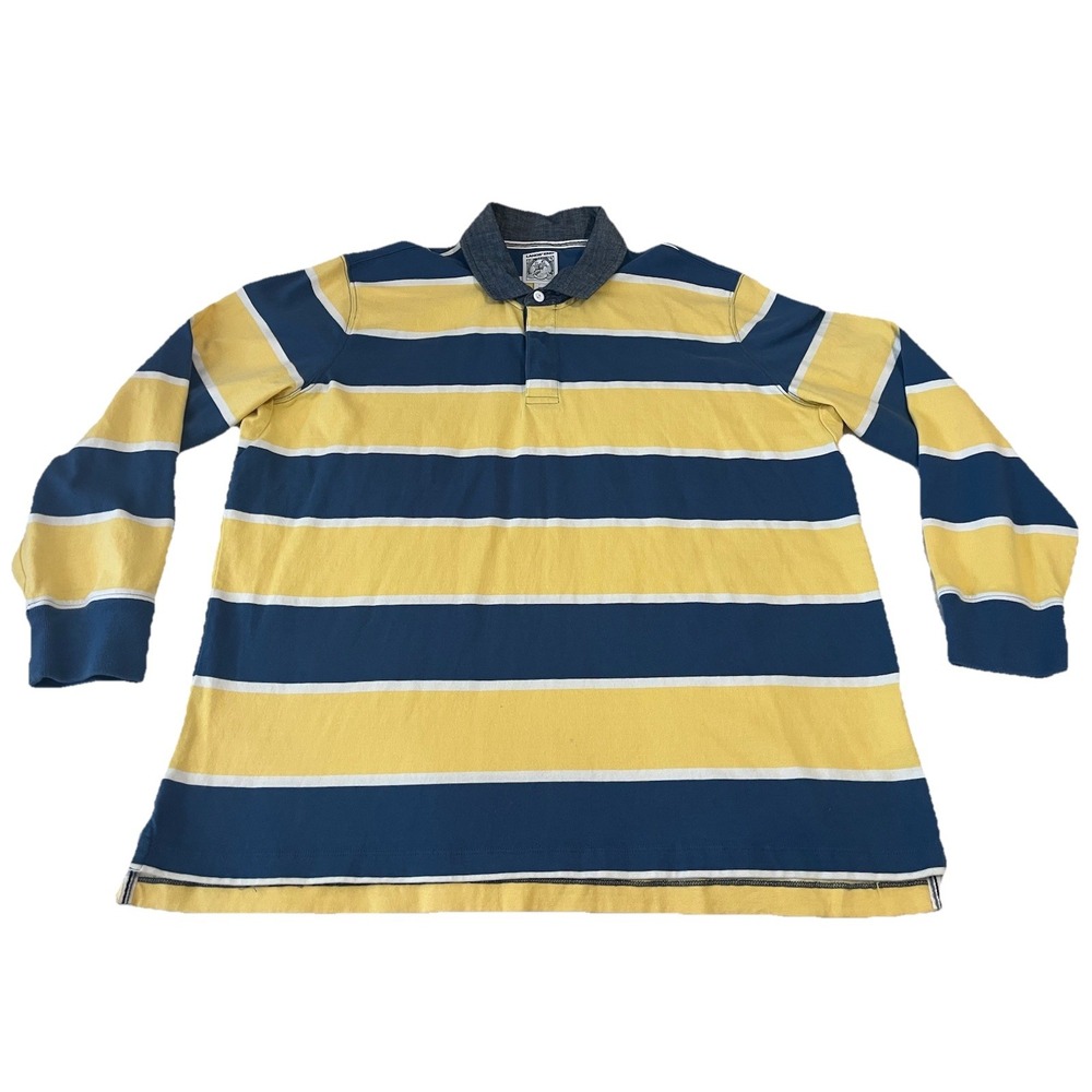 Vtg Lands' End Rugby Polo Mens XXL Authentic Quality Goods Yellow Blue Striped
